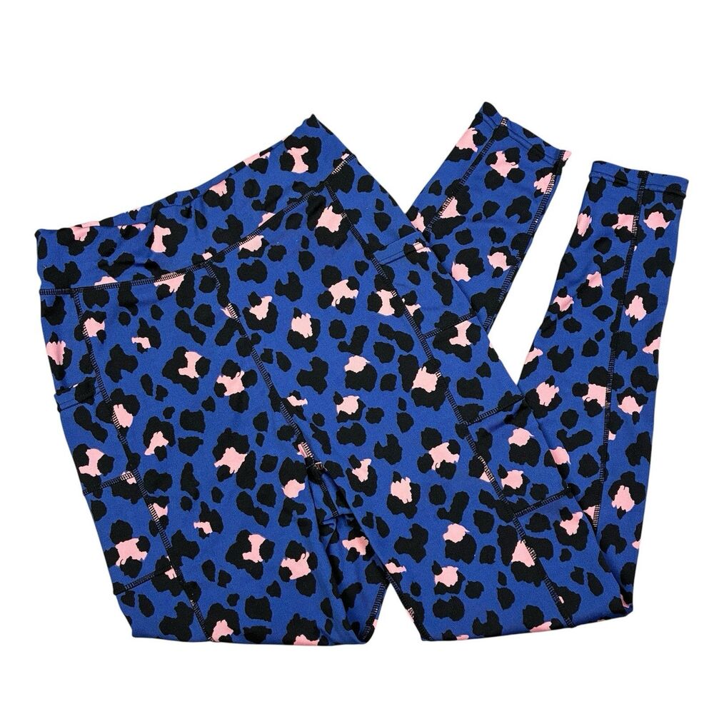 POP Fit Leggings Navy Blue Pink Leopard Print Pockets Workout Gym Yoga Medium